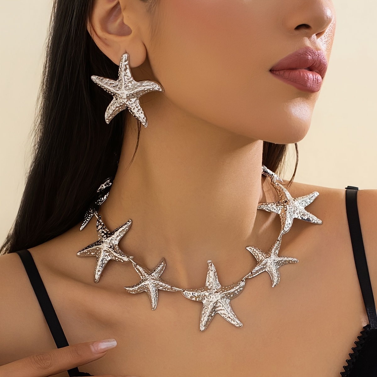Stylish 3D Starfish Pendant Necklace and Earrings Set